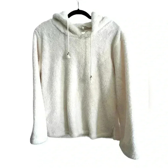 Fuzzy Hooded Sweatshirt, Size M, Cream - Picture 1 of 3